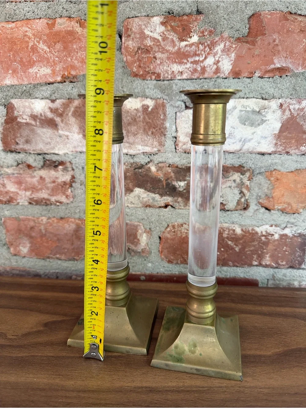 Vintage Brass Lucite Candlesticks Pair MCM Made in Hong Kong 9”